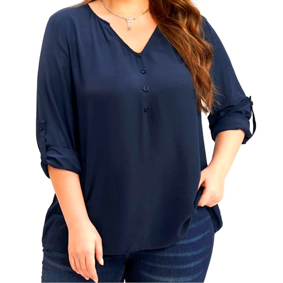 BloomChic Tops - Plain V Neck Button Detail Cuffed Sleeve Blouse
